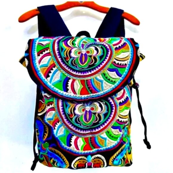 WANDERLUST BACKPACK Embroidered Travel Bag Bucket Bag Drawstring Bag Hobo Bag - Picture 2 of 7